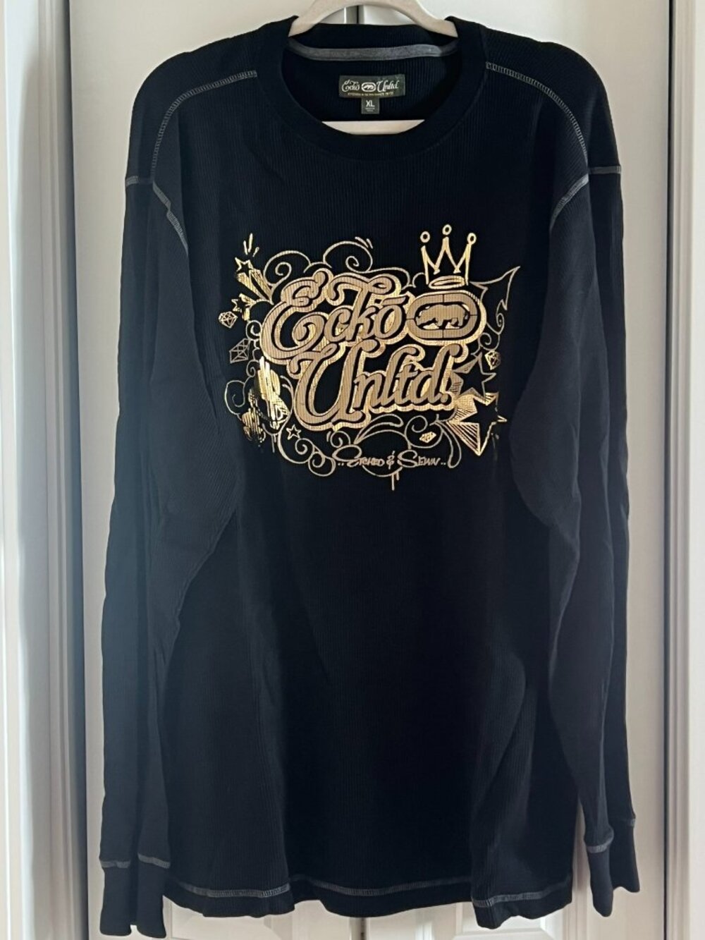 Black Ecko Unltd Long-sleeve Thermal Shirt w Metallic Gold Graffiti-Style Logo